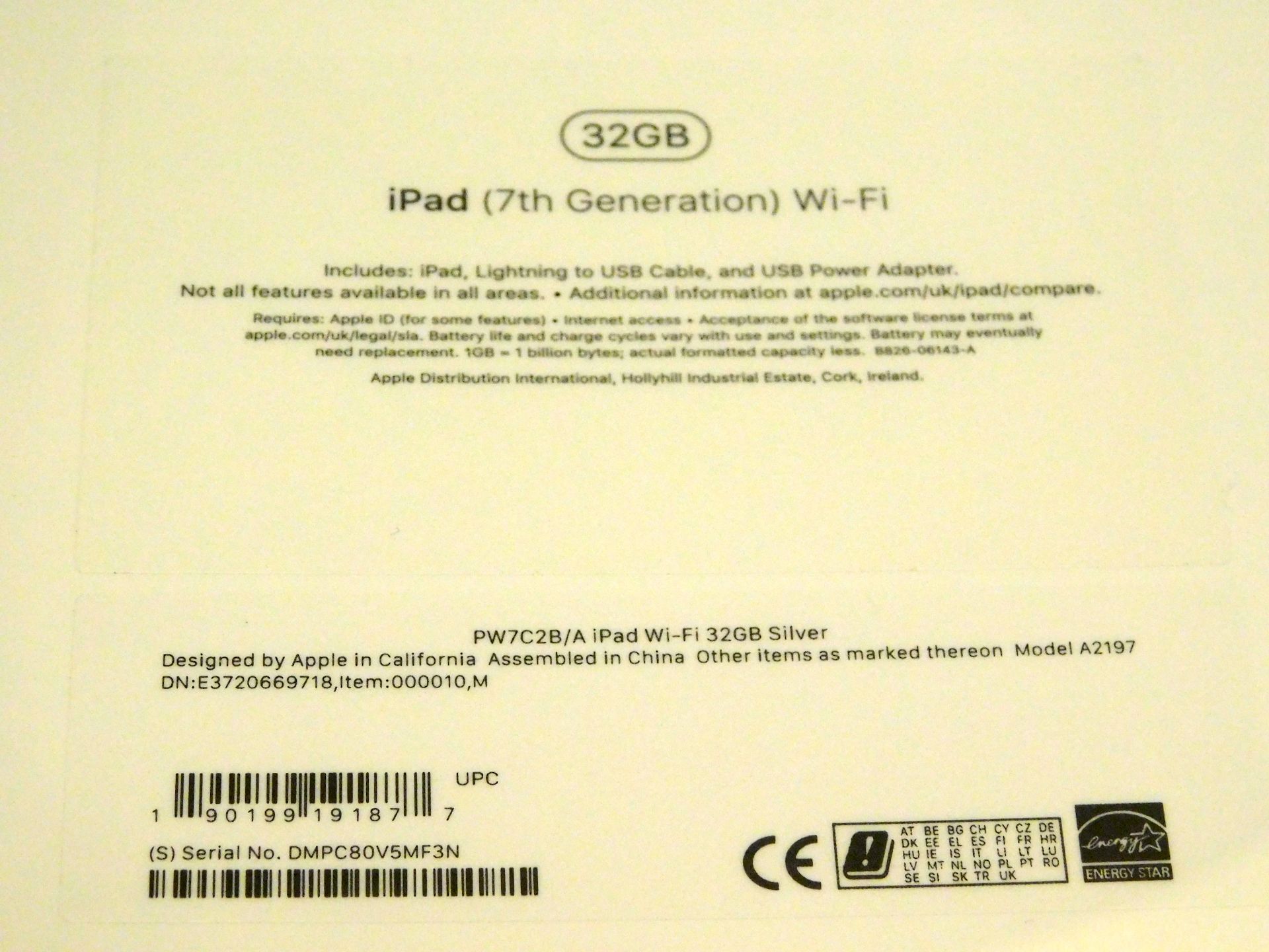 Apple A2197 iPad, 7th Gen, 32GB, Silver, Serial Number: DMPC80V5MF3N, (New in Sealed Box) (Located - Image 2 of 2