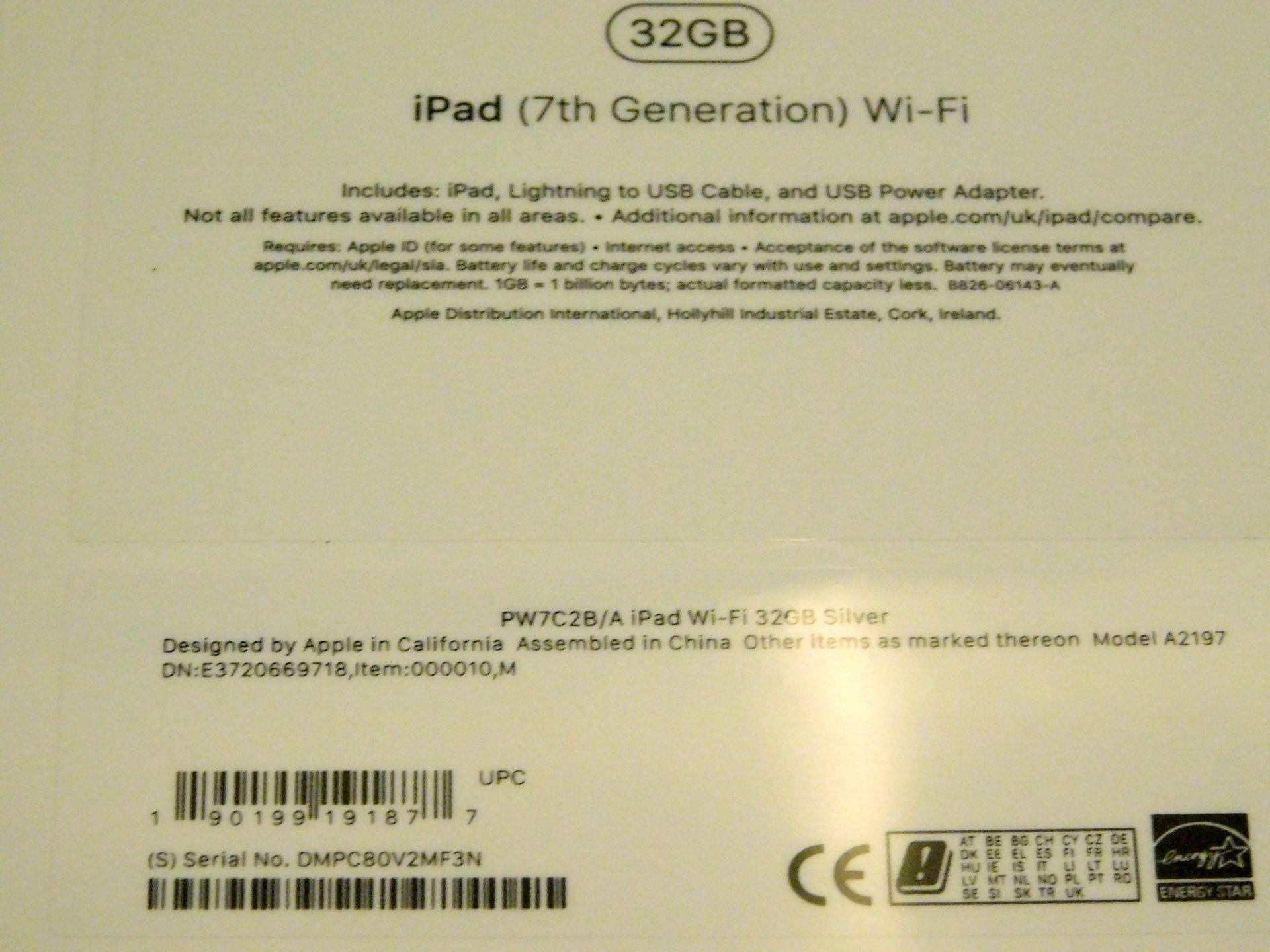 Apple A2197 iPad, 7th Gen, 32GB, Silver, Serial Number: DMPC80V2MF3N, (New in Sealed Box) (Located - Image 2 of 2
