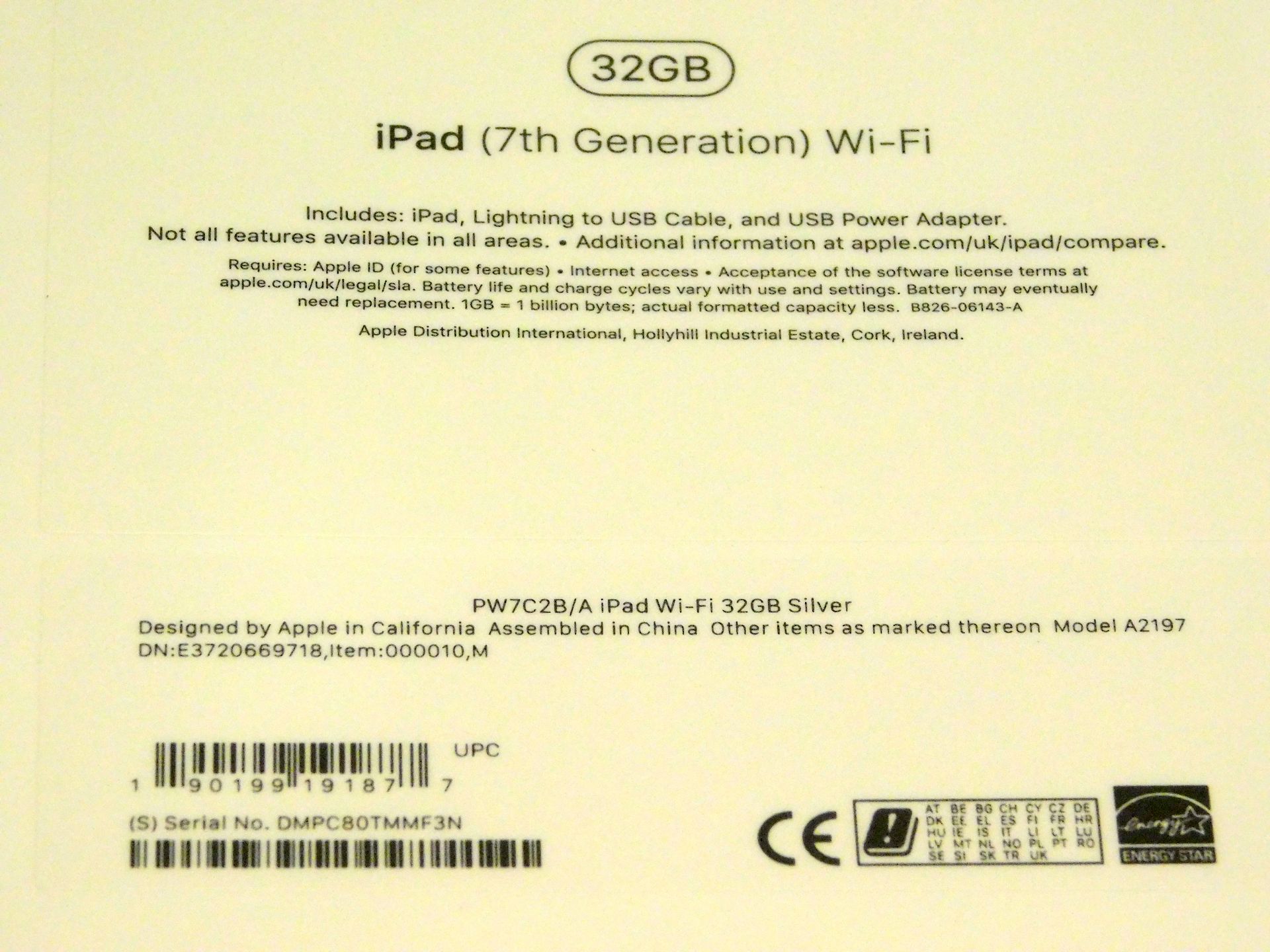 Apple A2197 iPad, 7th Gen, 32GB, Silver, Serial Number: DMPC80TMMF3N, (New in Sealed Box) (Located - Image 2 of 2