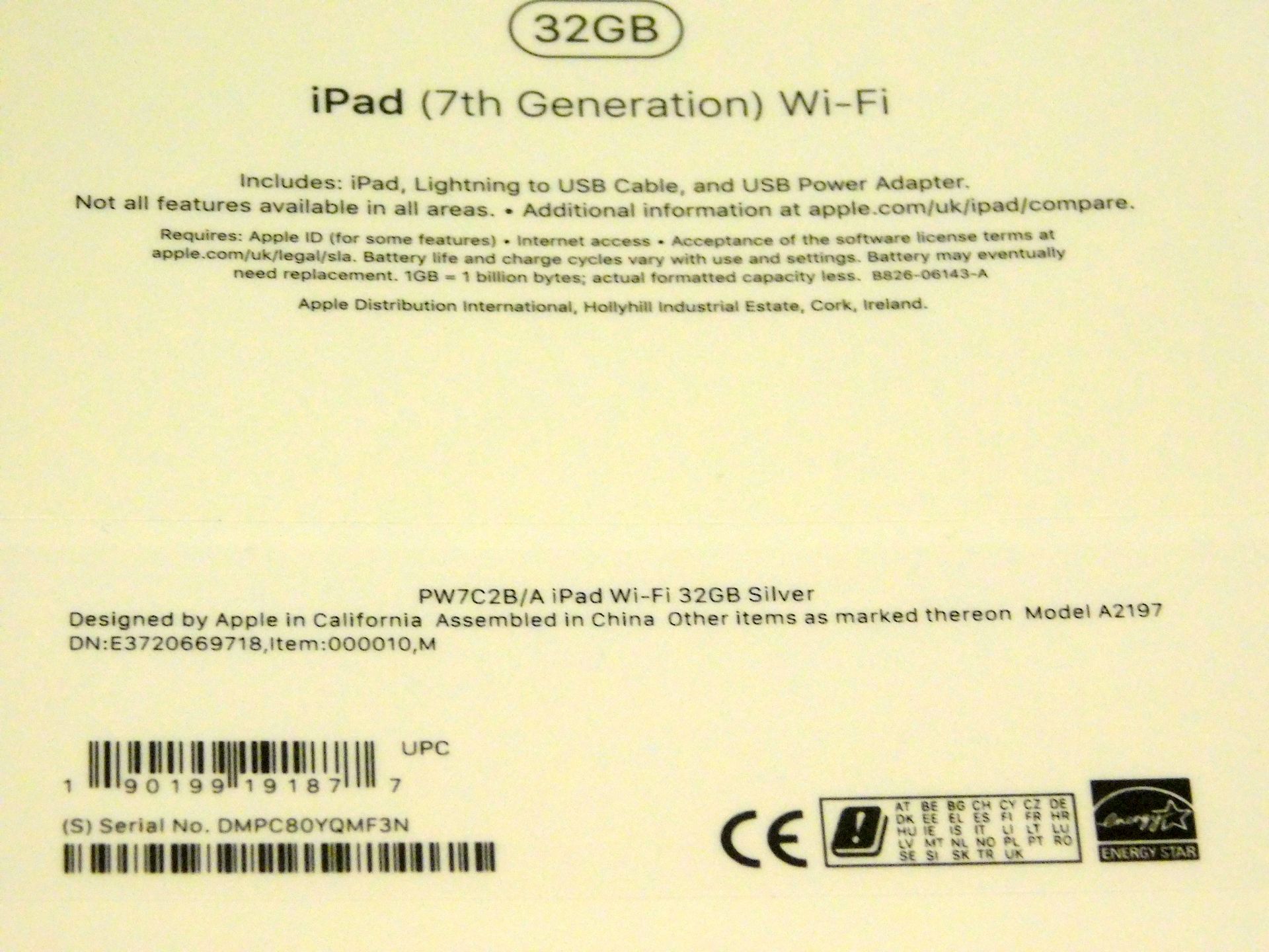 Apple A2197 iPad, 7th Gen, 32GB, Silver, Serial Number: DMPC80YQMF3N, (New in Sealed Box) (Located - Image 2 of 2