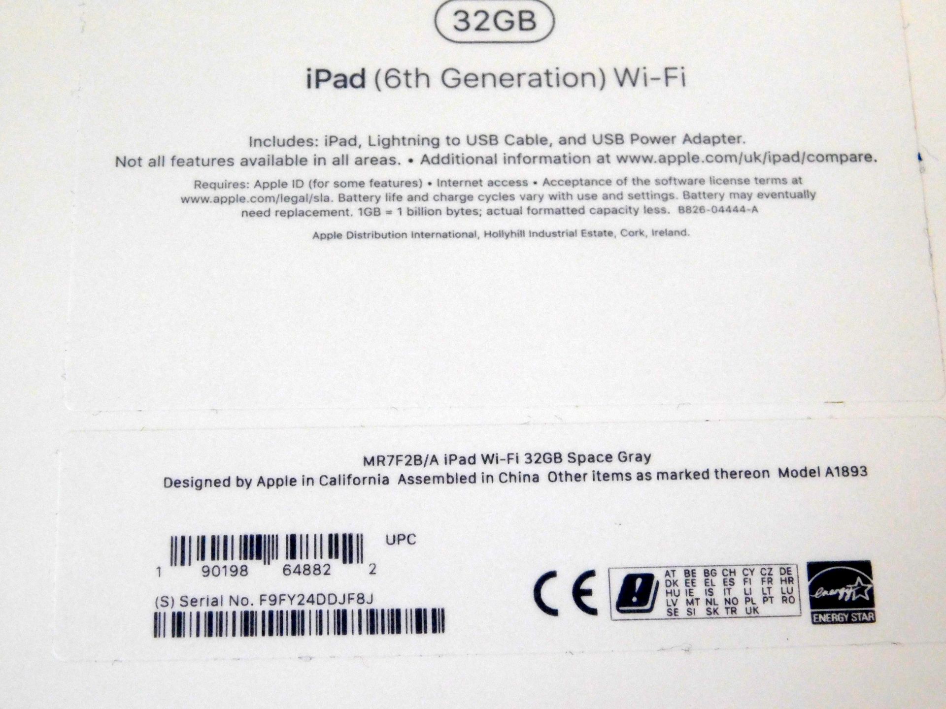 Apple A1893 iPad, 6th Gen, 32GB, Space Grey, Serial Number: F9FY24DDJF8J, (New in Box) (Located - Image 2 of 2