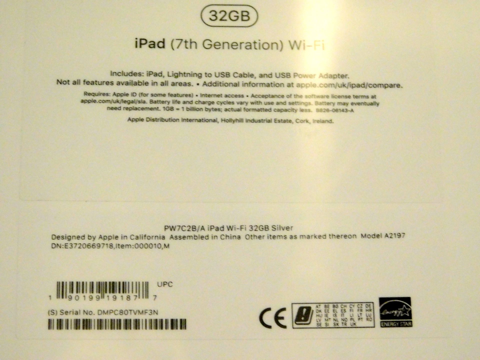 Apple A2197 iPad, 7th Gen, 32GB, Silver, Serial Number: DMPC80TVMF3N, (New in Sealed Box) (Located - Image 2 of 2