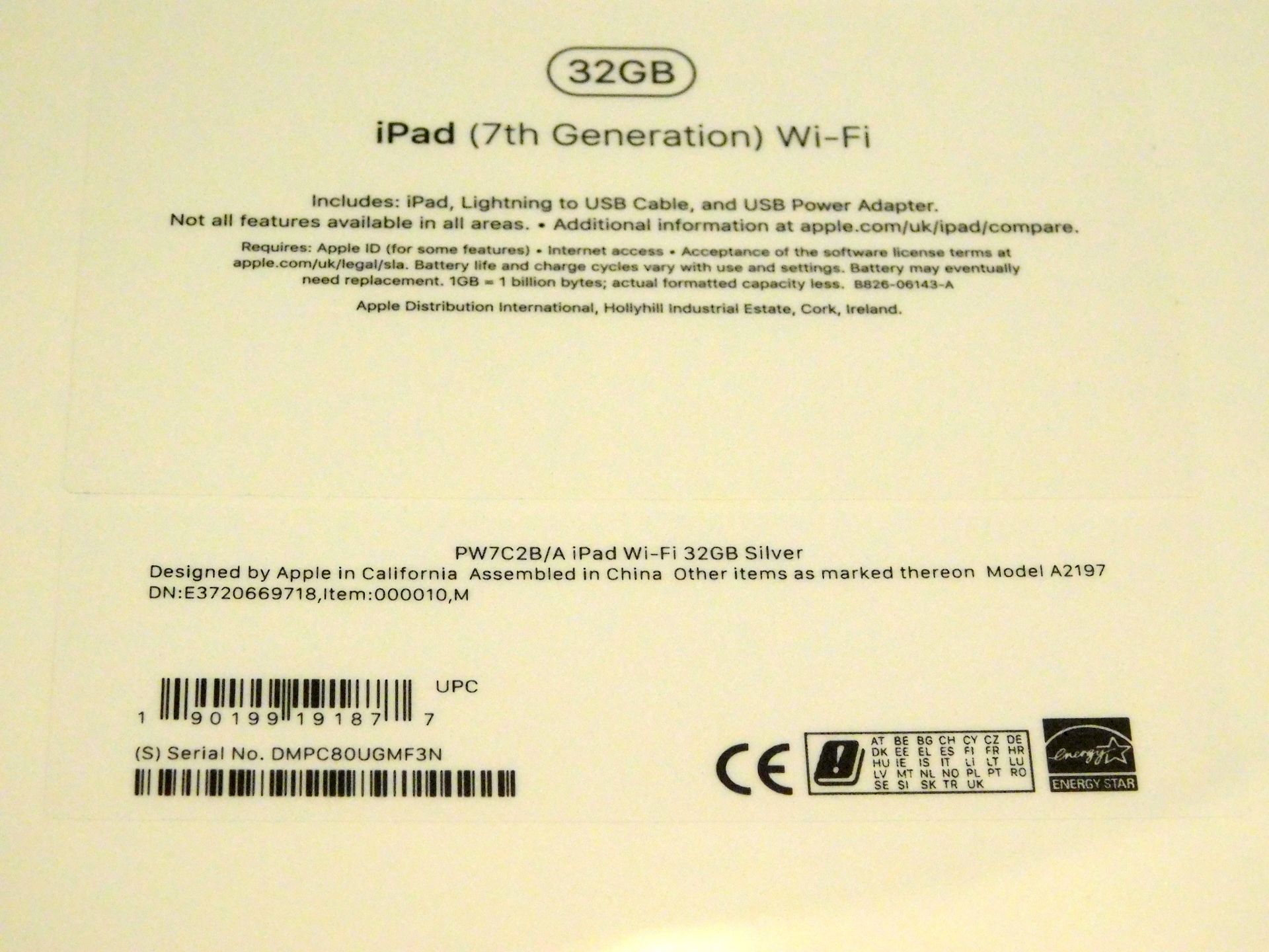 Apple A2197 iPad, 7th Gen, 32GB, Silver, Serial Number: DMPC80UGMF3N, (New in Sealed Box) (Located - Image 2 of 2