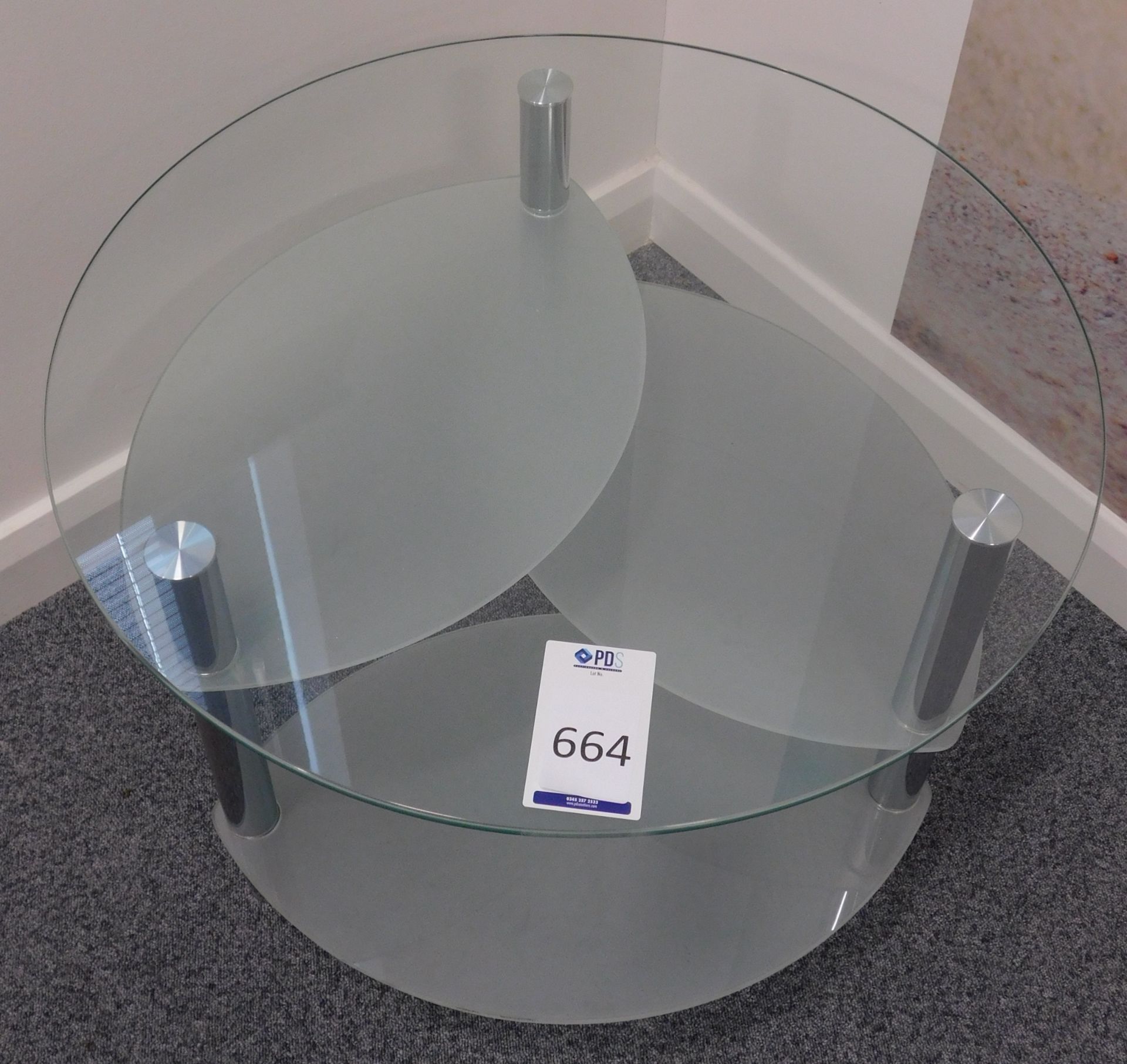 Three 4-Tier Plate Glass Top Coffee Tables 65cm dia. (Located Brentwood - See General Notes for More