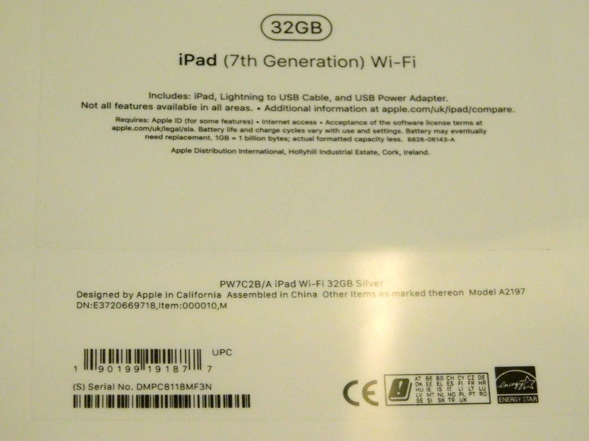 Apple A2197 iPad, 7th Gen, 32GB, Silver, Serial Number: DMPC8118MF3N, (New in Sealed Box) (Located - Image 2 of 2