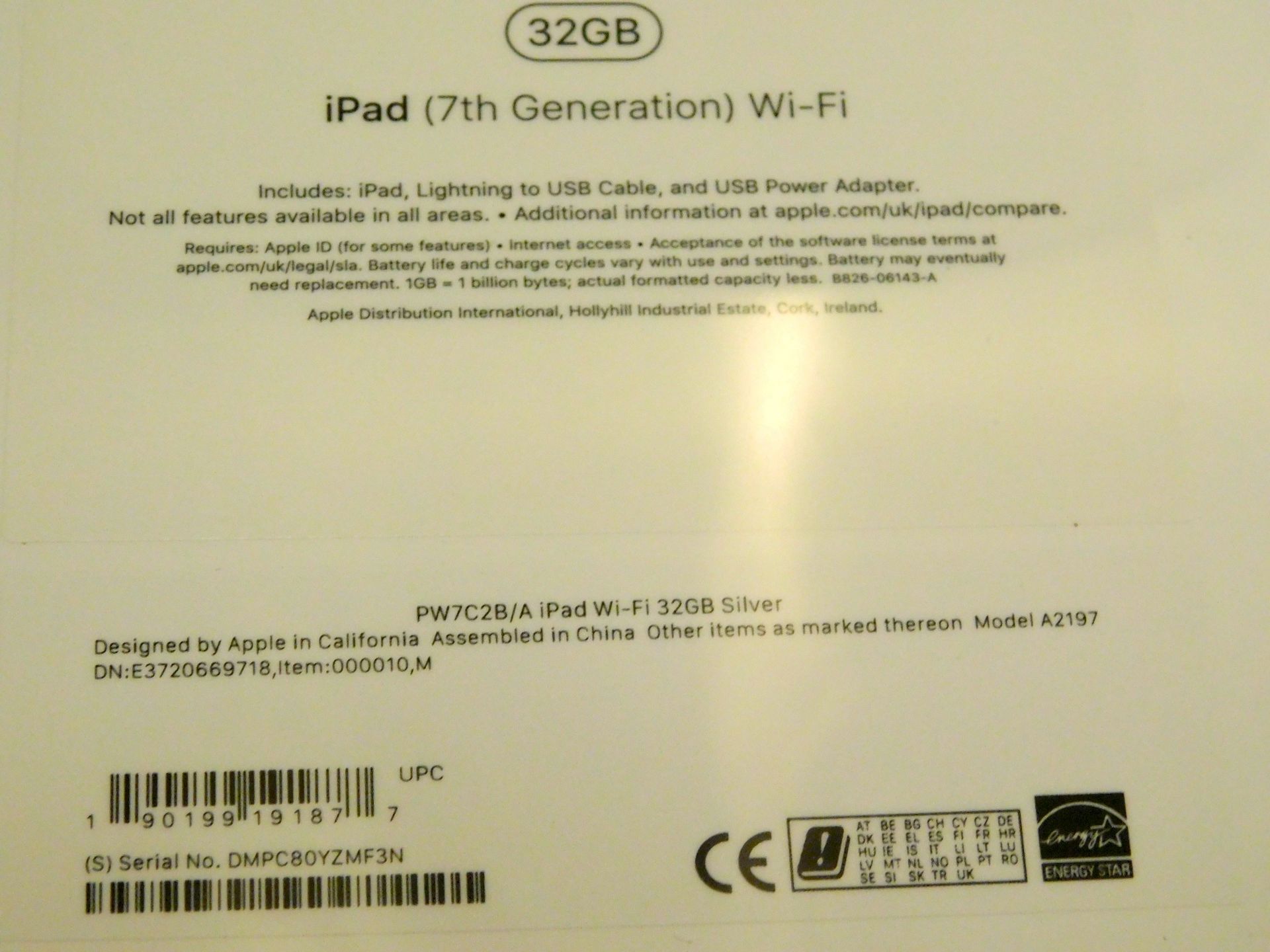 Apple A2197 iPad, 7th Gen, 32GB, Silver, Serial Number: DMPC80YZMF3N, (New in Sealed Box) (Located - Image 2 of 2