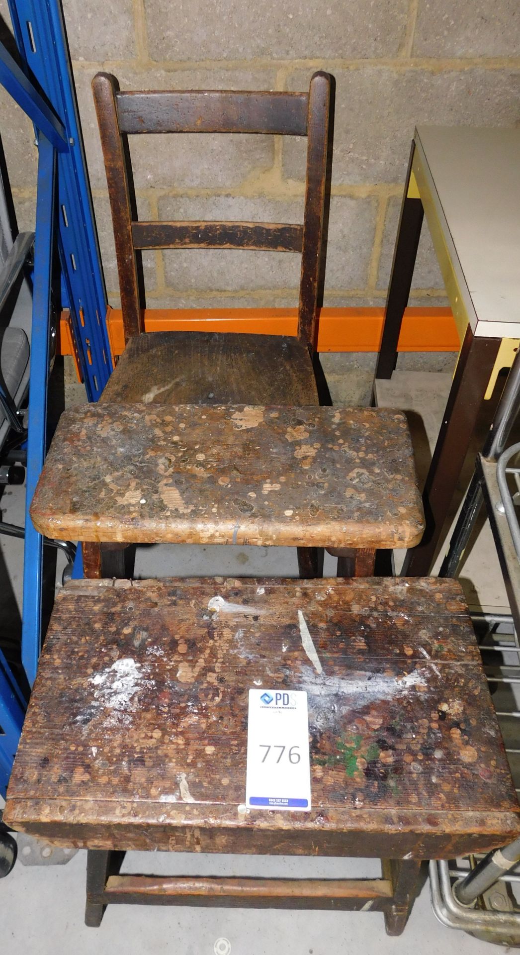 2 Victorian Style Pine Stools, Pine Bench,  Elm School Chair & "Tradesman" Pine Work Bench (