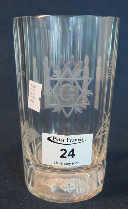 19th Century pillar cut and wheel engraved Masonic tumbler with various motifs including;
