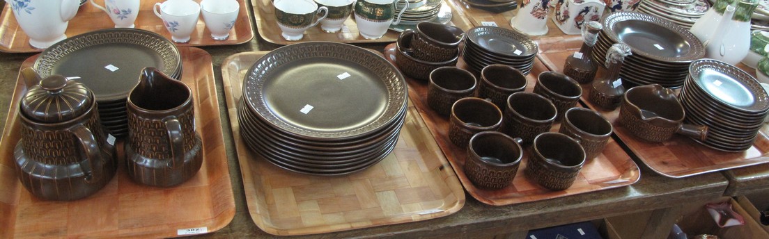 Four trays of Mid Century dark brown Wedgwood 'Pennine' design oven to tableware items to include;