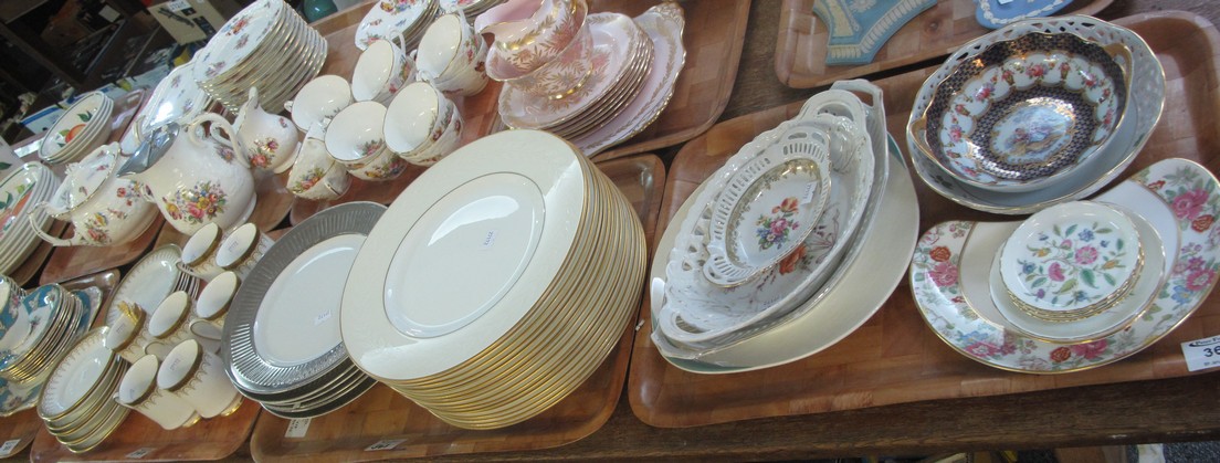 Three trays of assorted china to include; Minton English bone china 'Gold Laurel' dinner plates,
