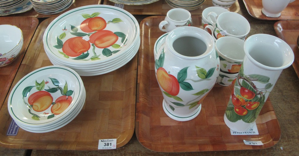 Portmeirion pottery Peach Tree items to include; bowls, dinner plates, baluster vase, cups,