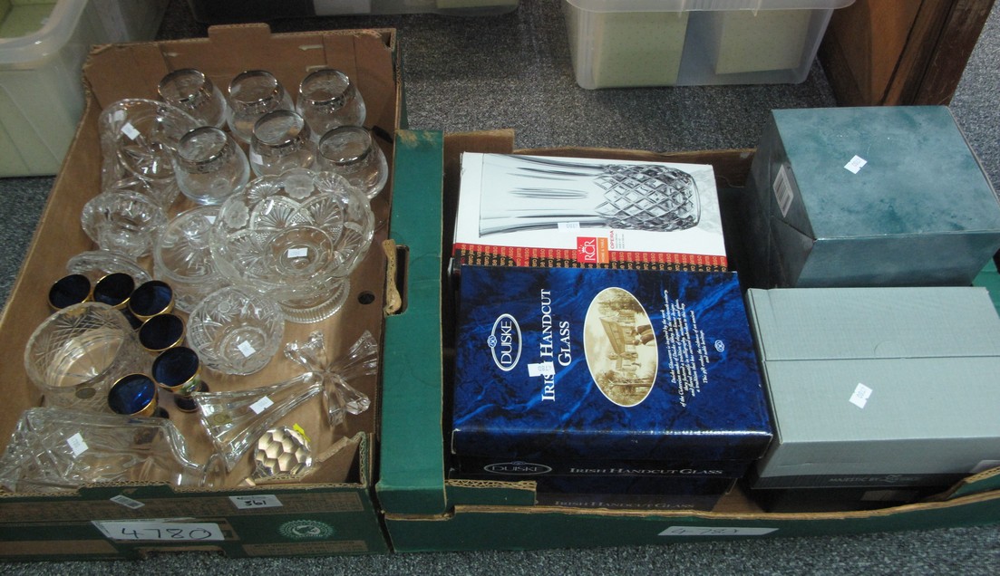 Two boxes of assorted glassware to include; brandy balloons, blue glass shot glasses,