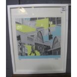 After C James (British mid 20th Century), figures in an urban landscape, limited edition print,