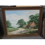 Continental school (modern), figures on a byway with cottages, oils on canvas. Gilt framed. (B.P.