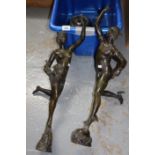 Pair of patinated bronze figural lamps, Apollo and companion female figure, on socle bases,