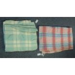 Two vintage woollen check blankets, one green and cream and the other multi-coloured with a Gwili