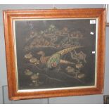 Oriental silk work embroidered picture depicting two pheasants within foliage. 49 x 56cm approx.
