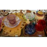 Two trays of assorted glassware various, to include; iridescent and coloured bowls, opaline glass