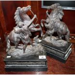 Pair of 19th Century spelter Marley horse figure groups on marble bases, probably clock