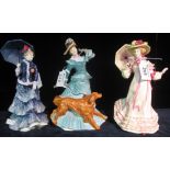 Three Royal Doulton bone china figurines to include; 'Springtime' HN3477, 'Les Parapluies' HN3473