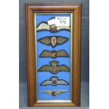 A framed group of embroidered aviators wing insignias, various, RAF and others. (B.P. 24% incl. VAT)