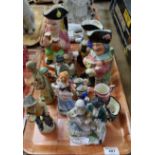 Tray of assorted china, various to include; Continental figurines, Hummel figurines, toby jugs,