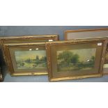 Group of three furnishing prints, Victorian scenes, in gilt frames. (3) (B.P. 24% incl. VAT)