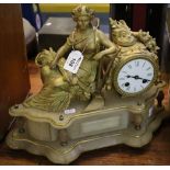 19th Century French gilt metal and alabaster figural two train mantel clock. (B.P. 24% incl. VAT)