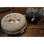 Small coopered brandy barrel on a stand, together with a Victorian woolwork footstool. (2) (B.P. 24%