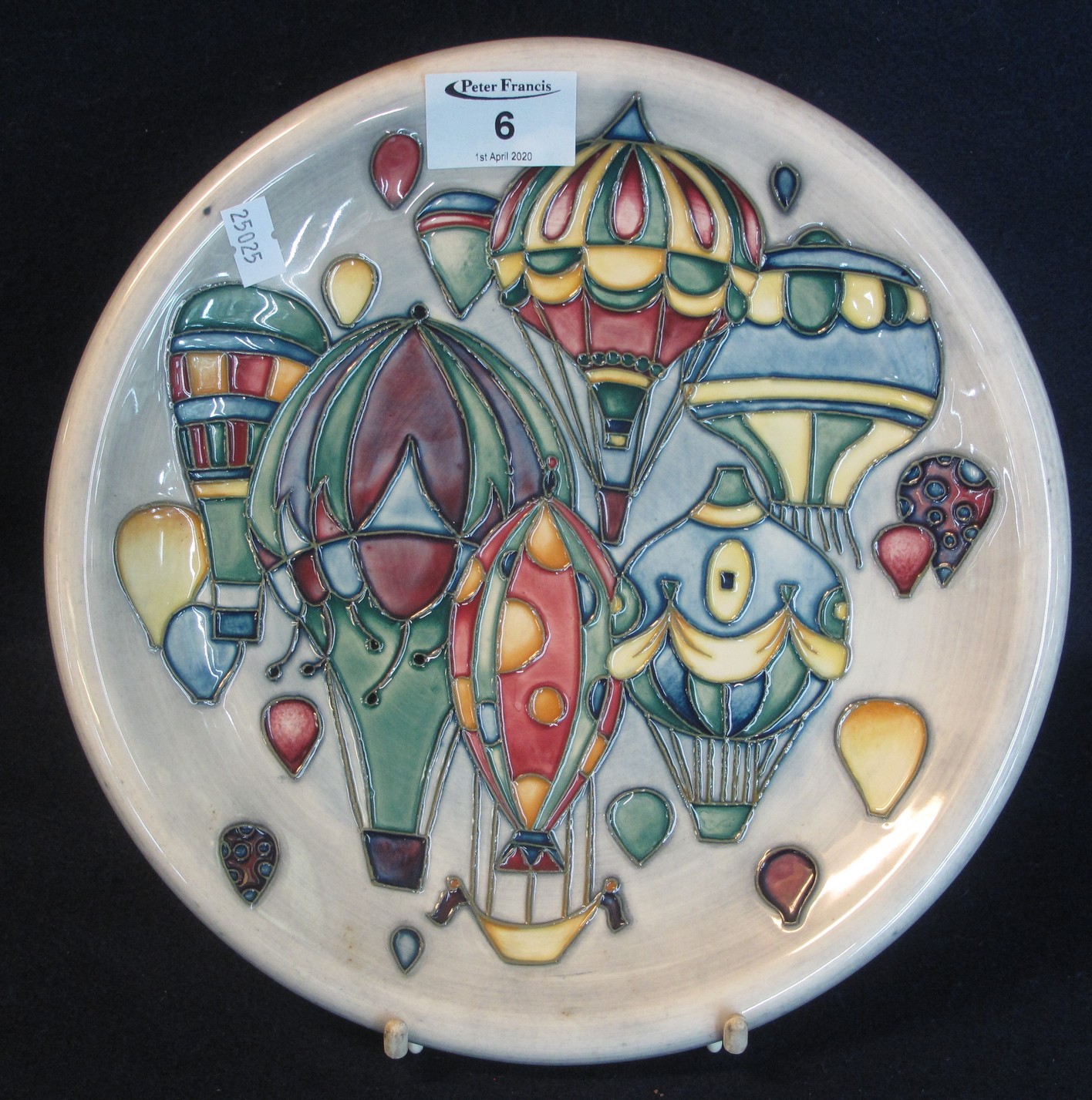 Modern Moorcroft art pottery tube lined hot air balloon pattern cabinet plate or charger.
