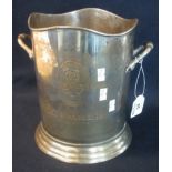 Silver plated cylindrical two handled champagne bottle cooler marked 'Louis Roederer'. 23.5cm high