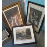Three larger furnishing pictures to include an oils on board of meerkats. (3) (B.P. 24% incl. VAT)