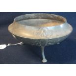 Art Nouveau design pewter circular bowl on three legs with stylised foliate decoration. Base