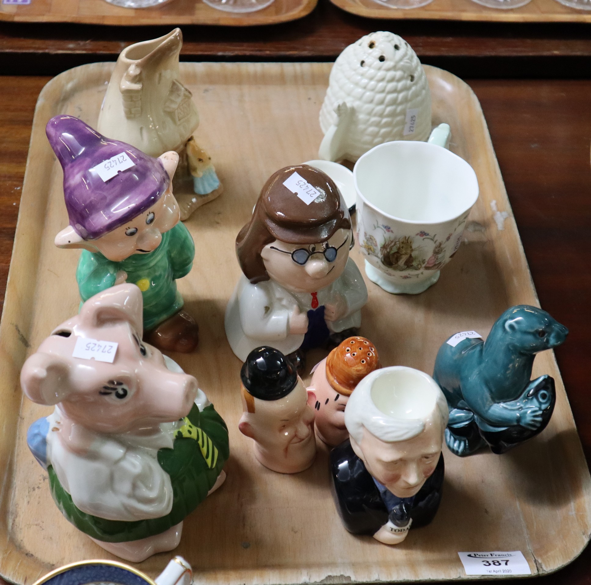 Tray of assorted china to include; Beswick Laurel and Hardy salt and pepper, Natwest Wade piggy