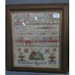 19th Century child's woolwork sampler by E. Harker, age 10, dated 1874, with alphabet and other