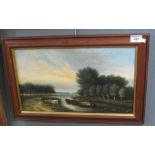 G Vintor, river scene with barges and cattle, signed, oils on canvas. 25 x 45cm approx, framed. (B.