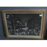 After Sir Frank Brangwyn, moonlit street scene with many figures, monochrome print, signed in pencil