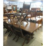 17th Century style oak refectory type table on X frame supports. Together with a set of eight X