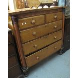 Victorian oak straight fronted chest of two short and three long drawers with pilaster supports on