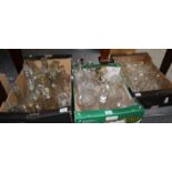 Three boxes of assorted glassware, various to include; decanters and stoppers, vases, drinking