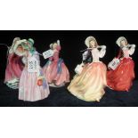 Five Royal Doulton bone china figurines to include; 'Autumn Breezes' HN2131, 'Miss Demure'