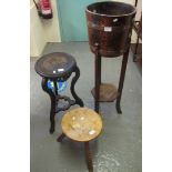 A rustic sycamore milking stool, together with an oak coopered barrel on stand and a stained