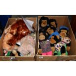Two boxes of assorted soft toys, various to include; Ty Beanie babies, monkeys, teddy bears etc. (