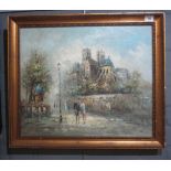 French school (20th Century), Notre Dame Cathedral, Paris with figures in foreground, oils on