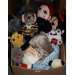 Box of assorted soft toys, various to include; Sooty and Sweep puppets, Coca Cola polar bear etc. (