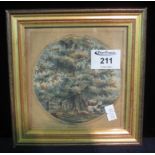 Small 19th Century watercolour study of cattle under a large tree, 11.5cm diameter. Framed and