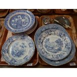 Two trays of assorted mainly blue and white plates, including 19th Century botanical beauties. (B.P.