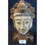 Asian carved wooden gesso and polychrome decorated figural bust, probably Thai, on wooden base. (B.