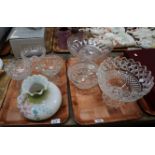 Two trays of glassware to include; fruit bowls, pedestal bon-bon dishes, opaline glass oil burner