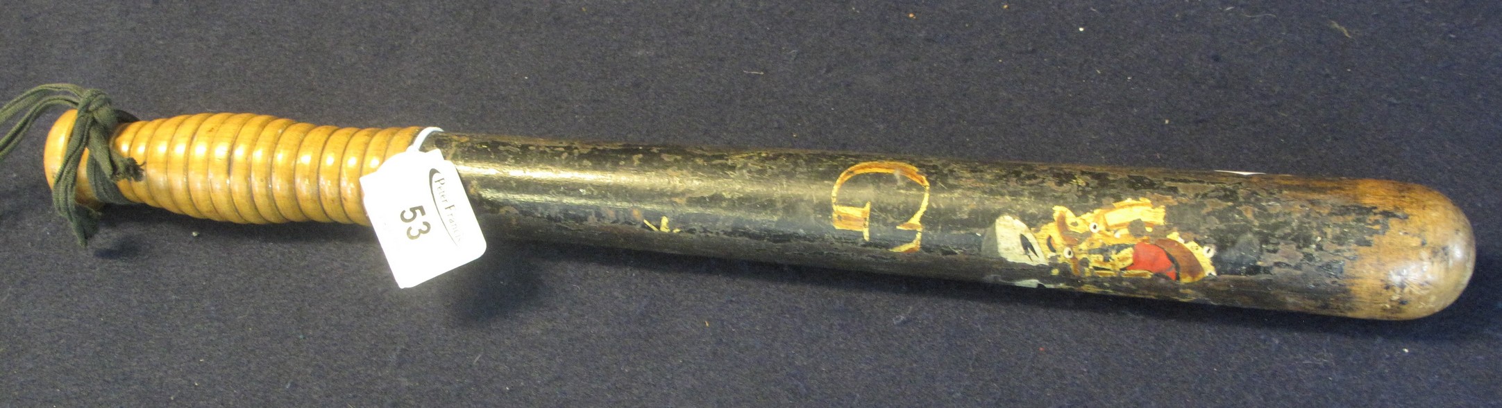 Georgian turned wooden truncheon/tip staff with polychrome crown crest and initials. (B.P. 24% incl.